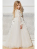 Long Sleeves Ivory Lace Tulle Pearls Beaded Flower Girl Dress